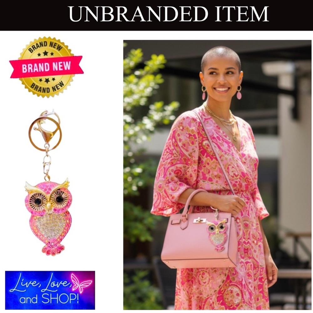 BAG CHARM / KEYCHAIN: Glamorous Pink, White, & Gold Owl w/Rhinestones, NWOT